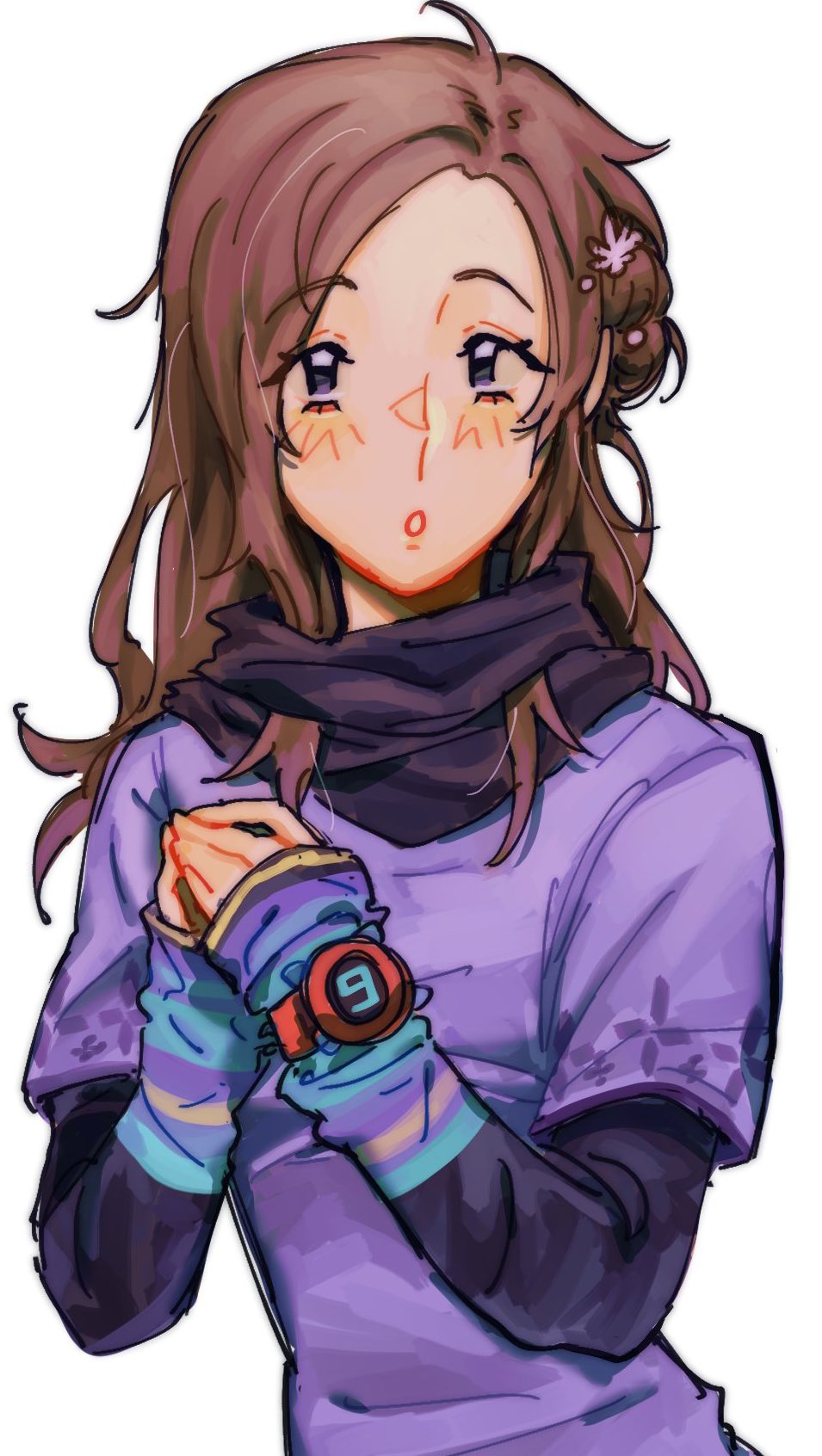 1girl, antenna_hair, brown_hair, commentary, dress, english_commentary, flower, goomyloid, hair_flower, hair_ornament, highres, kyokugen_dasshutsu, kyokugen_dasshutsu:_9_jikan_9_nin_9_no_tobira, long_hair, looking_at_viewer, murasaki_(kyokugen_dasshutsu), open_mouth, own_hands_together, purple_dress, scarf, simple_background, solo, violet_eyes, watch, white_background