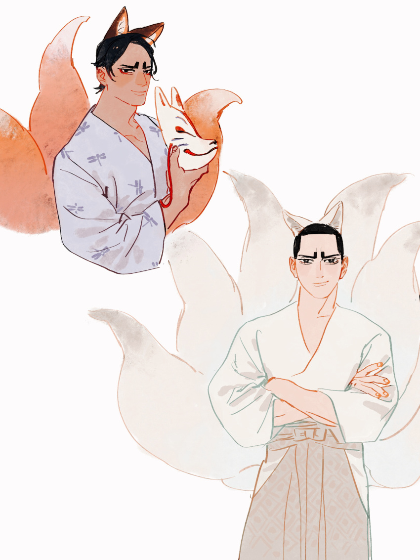 2boys, animal_ears, black_eyes, brothers, chengongzi123, closed_mouth, crossed_arms, dark-skinned_male, dark_skin, fox_boy, fox_ears, fox_mask, fox_tail, golden_kamuy, grey_pants, hakama, hakama_pants, hands_up, highres, hip_vent, holding, holding_mask, japanese_clothes, kemonomimi_mode, kitsune, koito_heinojou, koito_otonoshin, long_sleeves, looking_at_viewer, male_focus, mask, multiple_boys, multiple_tails, pants, siblings, simple_background, smile, tail, unworn_mask, upper_body, white_background, wide_sleeves