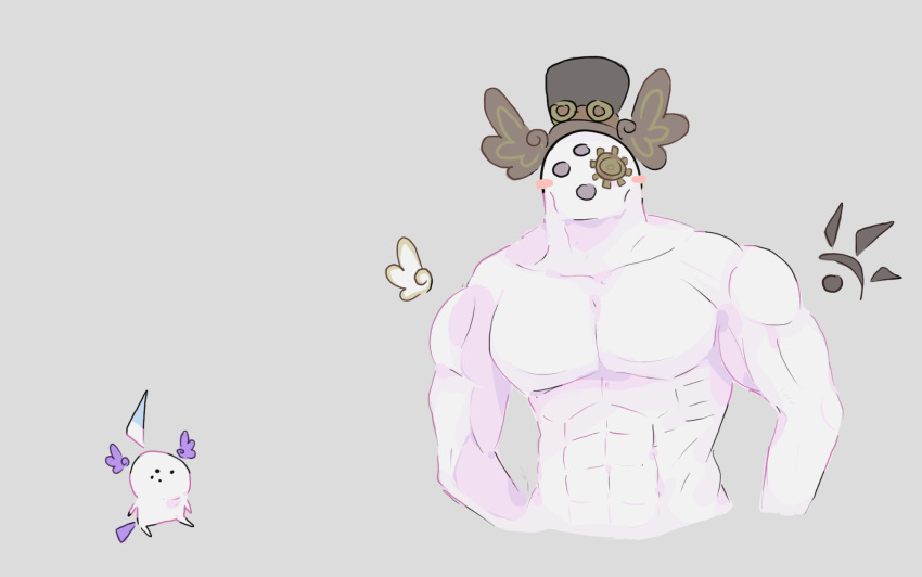 1boy, 1other, abs, aloupeep_(enna_alouette), english_commentary, extra_eyes, grey_background, hat