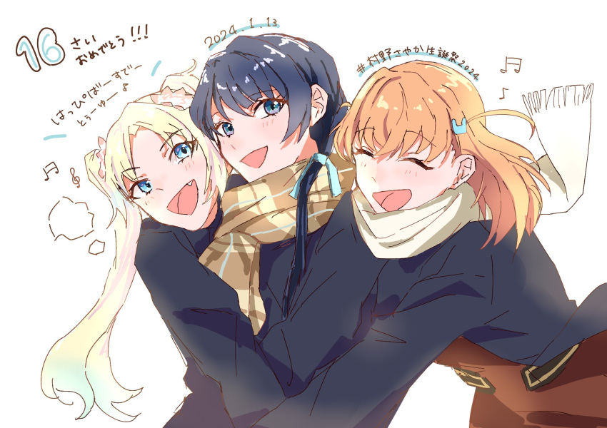 3girls, :d, beamed_eighth_notes, blonde_hair, blue_coat, blue_eyes, blue_hair, blue_ribbon