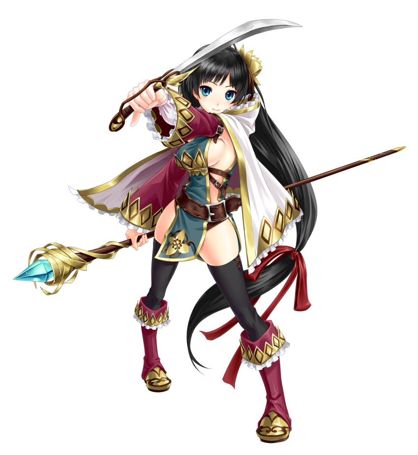 black_hair, blue_eyes, dual_wielding, hair_ribbon, highres, legs, long_hair, original