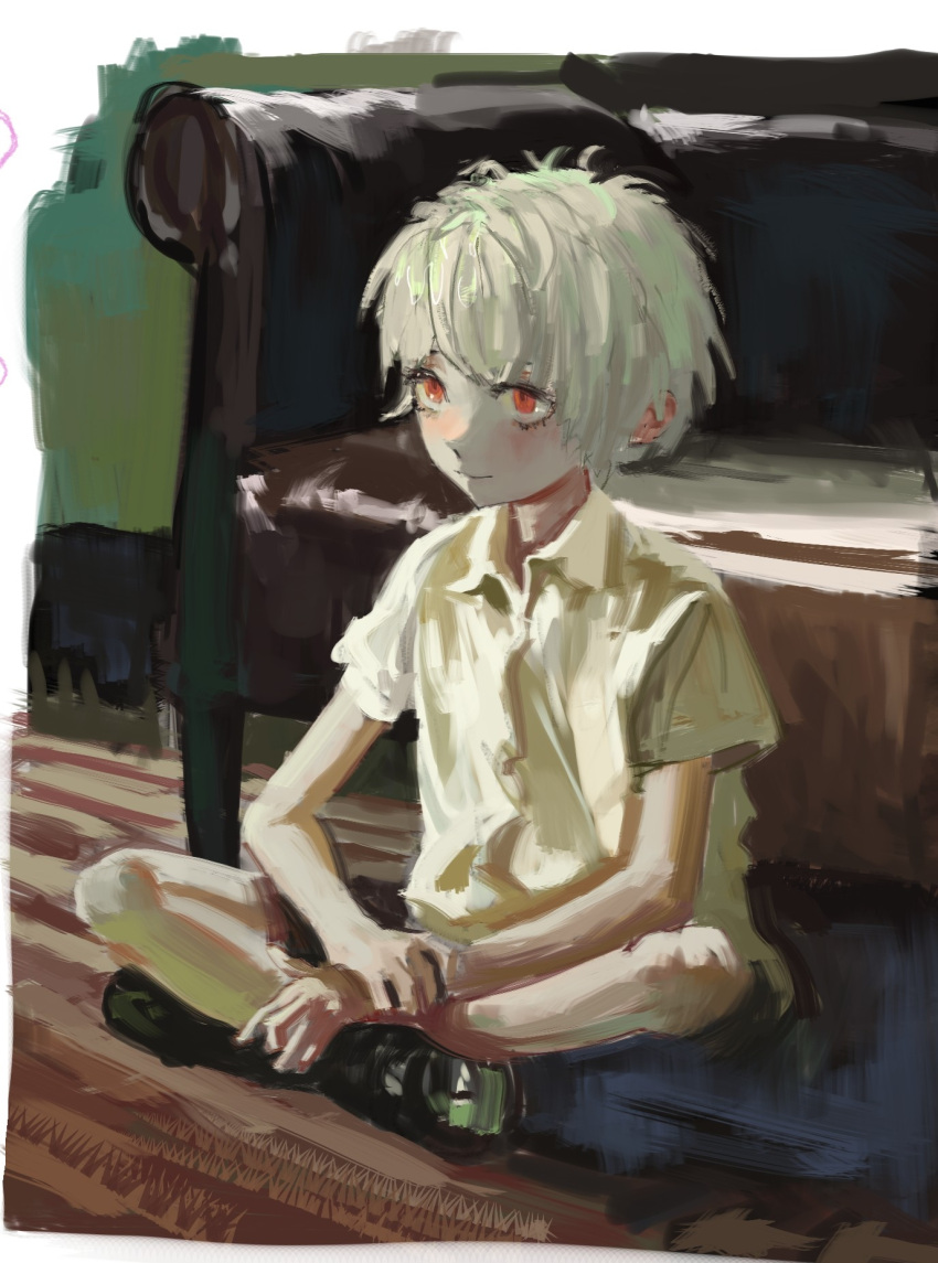 1boy, black_footwear, character_request, check_character, closed_mouth, collared_shirt, couch, elainma