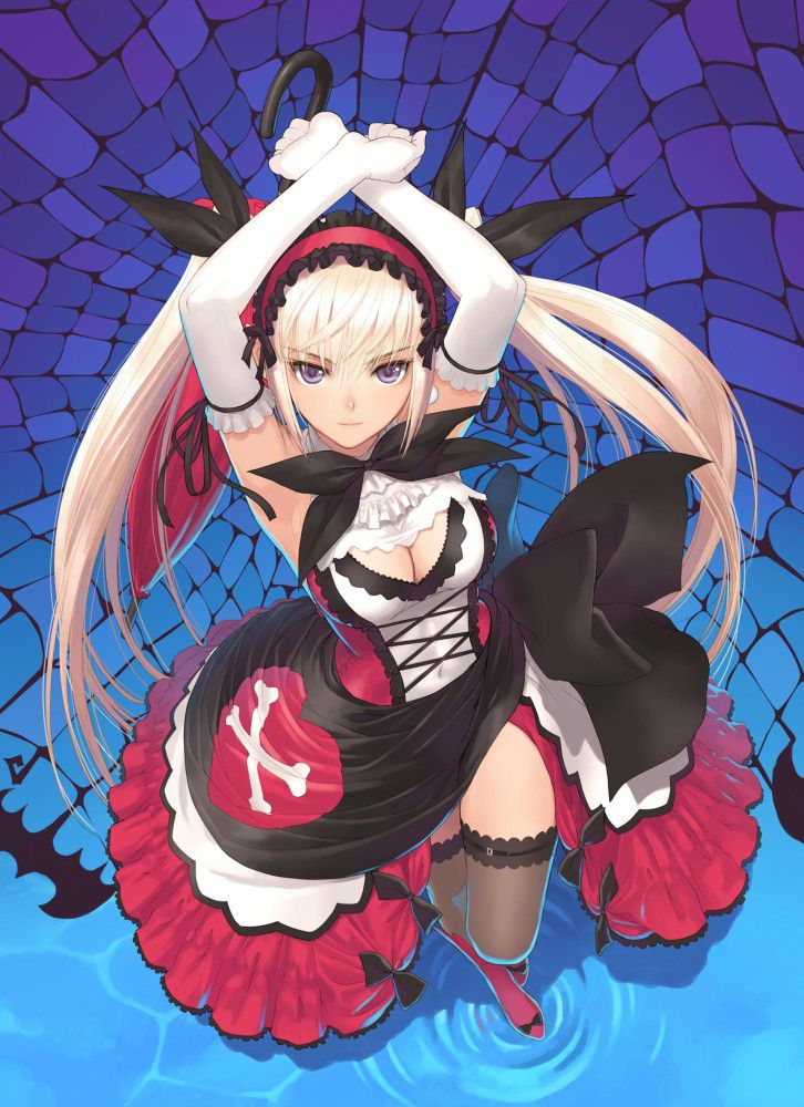 blonde_hair, breasts, cleavage, dress, elbow_gloves, gloves, hairband, jpeg_artifacts