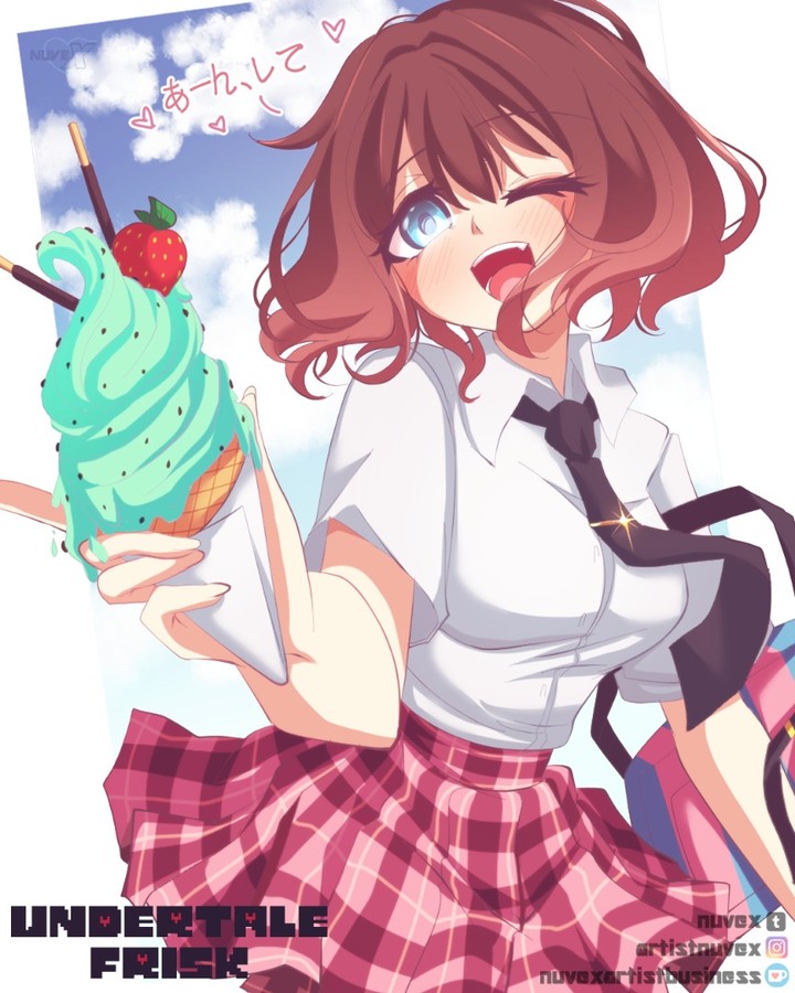 1girl, aged_up, bad_source, black_necktie, blue_eyes, blue_sky, breasts, brown_hair