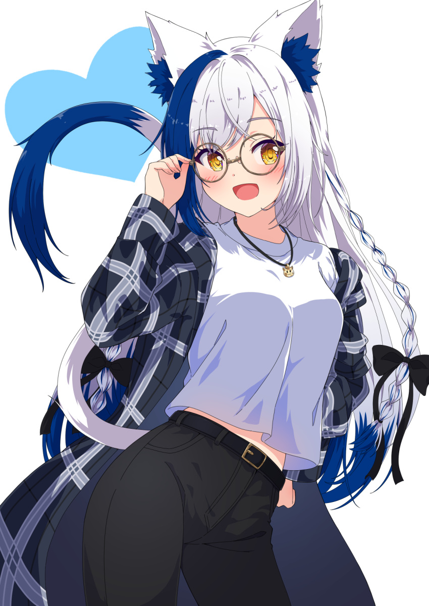 1girl, :d, adjusting_eyewear, alternate_costume, animal_ear_fluff, animal_ears, aomiya_yozuri, belt