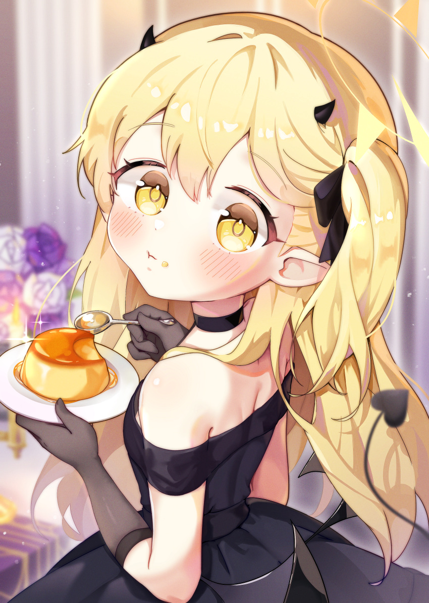 1girl, :t, absurdres, back, bare_shoulders, black_bow, black_choker, black_dress, black_gloves, black_horns, black_tail, black_wings, blonde_hair, blue_archive, blurry, blurry_background, bouquet, bow, choker, closed_mouth, commentary, cowboy_shot, demon_horns, demon_tail, demon_wings, depth_of_field, dress, eating, elbow_gloves, evening_gown, flower, food, food_on_face, from_side, gloves, hair_between_eyes, hair_bow, halo, highres, holding, holding_plate, holding_spoon, horns, hyemong, ibuki_(blue_archive), ibuki_(dress)_(blue_archive), indoors, long_hair, looking_at_viewer, low_wings, median_furrow, off-shoulder_dress, off_shoulder, official_alternate_costume, one_side_up, plate, pointy_ears, pudding, purple_flower, solo, spoon, standing, symbol-only_commentary, tail, tareme, white_flower, wings, yellow_eyes, yellow_halo
