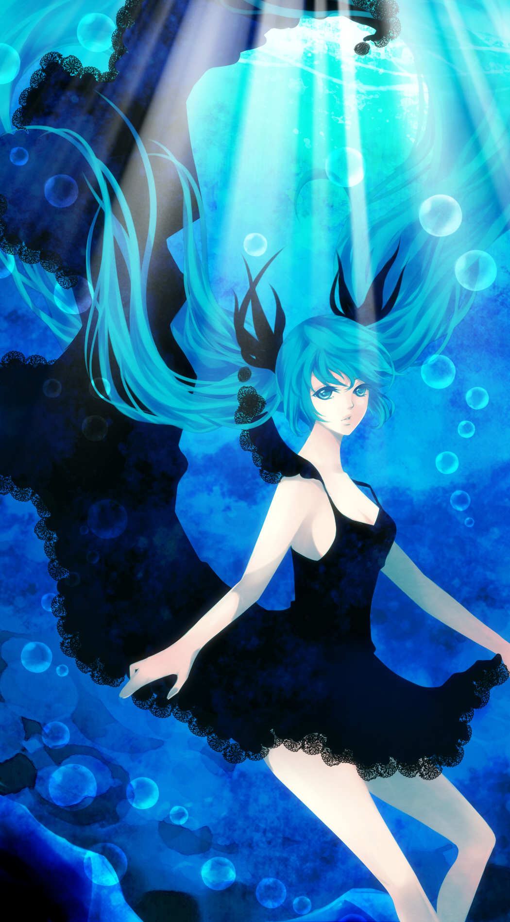 aqua_eyes, aqua_hair, bad_id, bare_shoulders, black_dress, blue, bubble, dress