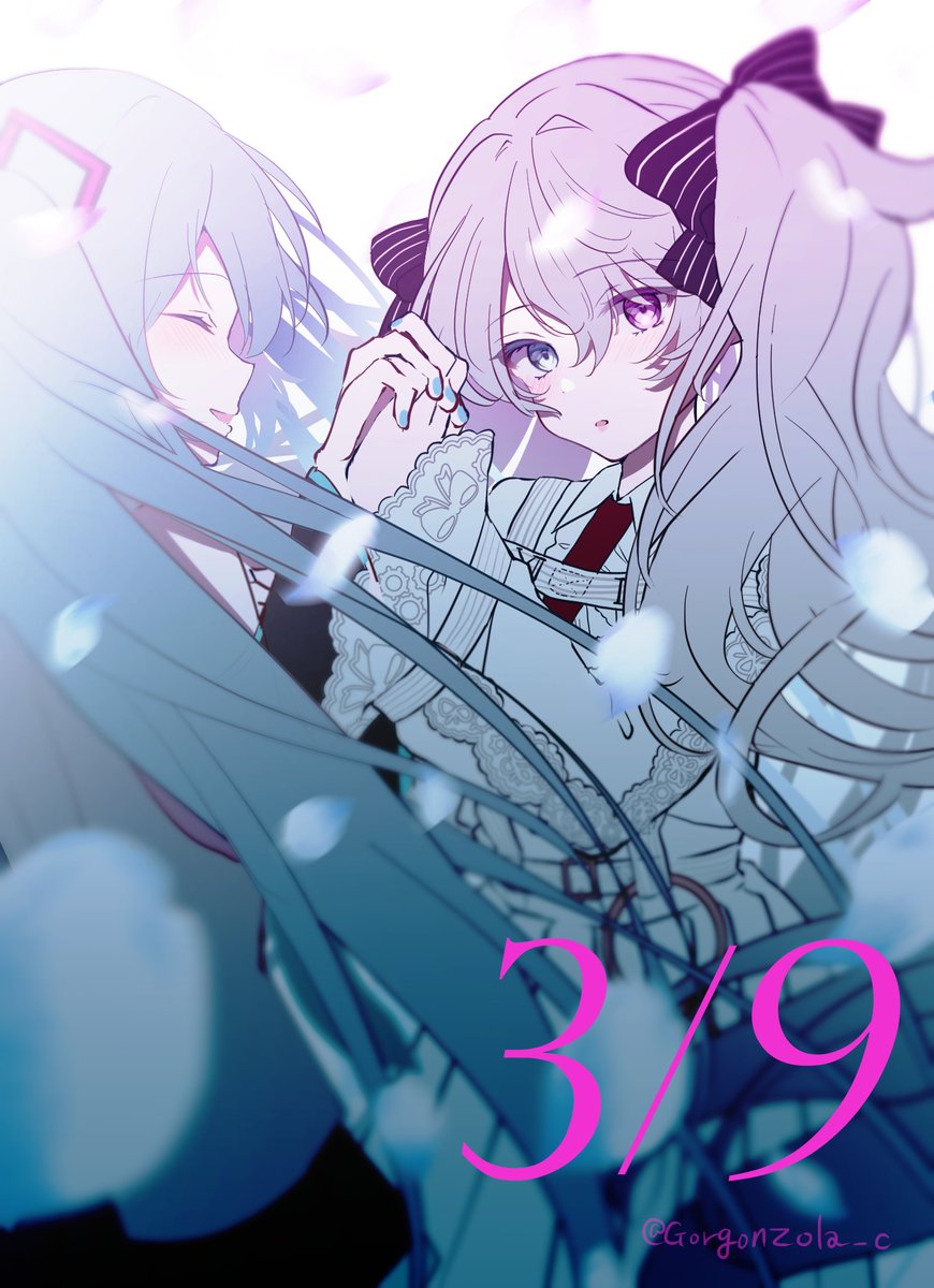 25-ji_miku, 2girls, 39, aqua_eyes, aqua_hair, bare_shoulders, belt, black_bow