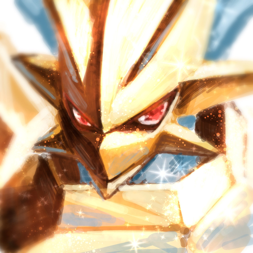armor, blue_skin, blurry, blurry_background, close-up, colored_skin, digimon, digimon_(creature), gerusyu, gold_armor, highres, looking_at_viewer, magnamon, no_humans, red_eyes, sparkle