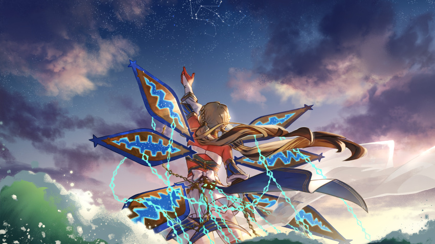 1girl, absurdres, andromeda_(fate), andromeda_(first_ascension)_(fate), blonde_hair, bridal_gauntlets, chain, clouds