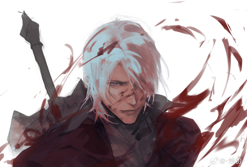 1boy, alastor_(sword), bishounen, blood, blood_in_hair, blood_on_face, blue_eyes, coat