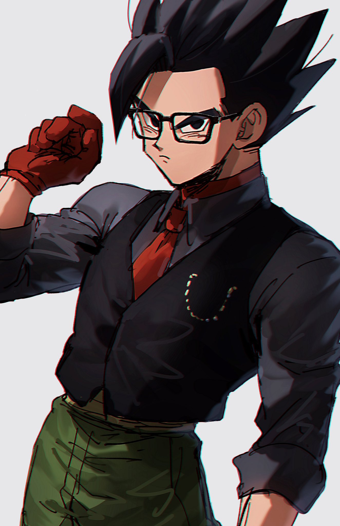 1boy, black_eyes, black_hair, black_shirt, black_vest, brown_gloves, collared_shirt, dragon_ball, dragon_ball_heroes, gloves, green_pants, highres, kometubu0712, medium_hair, necktie, pants, red_necktie, shirt, simple_background, solo, son_gohan_(xeno), spiky_hair, vest, white_background