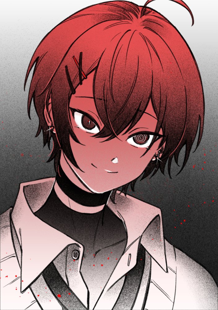 1boy, @_@, ahoge, bishounen, black_choker, blood, blood_splatter, choker