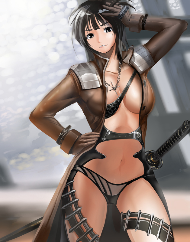 breasts, center_opening, coat, grey_eyes, hand_on_hip, jewelry, katana, large_breasts, long_hair, navel, necklace, original, shijima_(tanfn), shizuma_(tanfn), smile, solo, sword, weapon