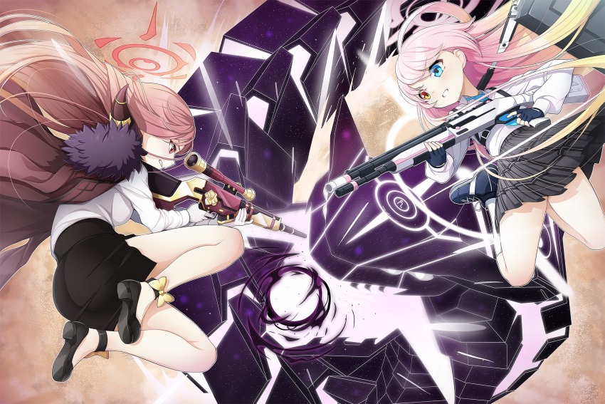 2girls, ahoge, aru_(blue_archive), beretta_1301, binah_(blue_archive), black_footwear, black_skirt, blue_archive