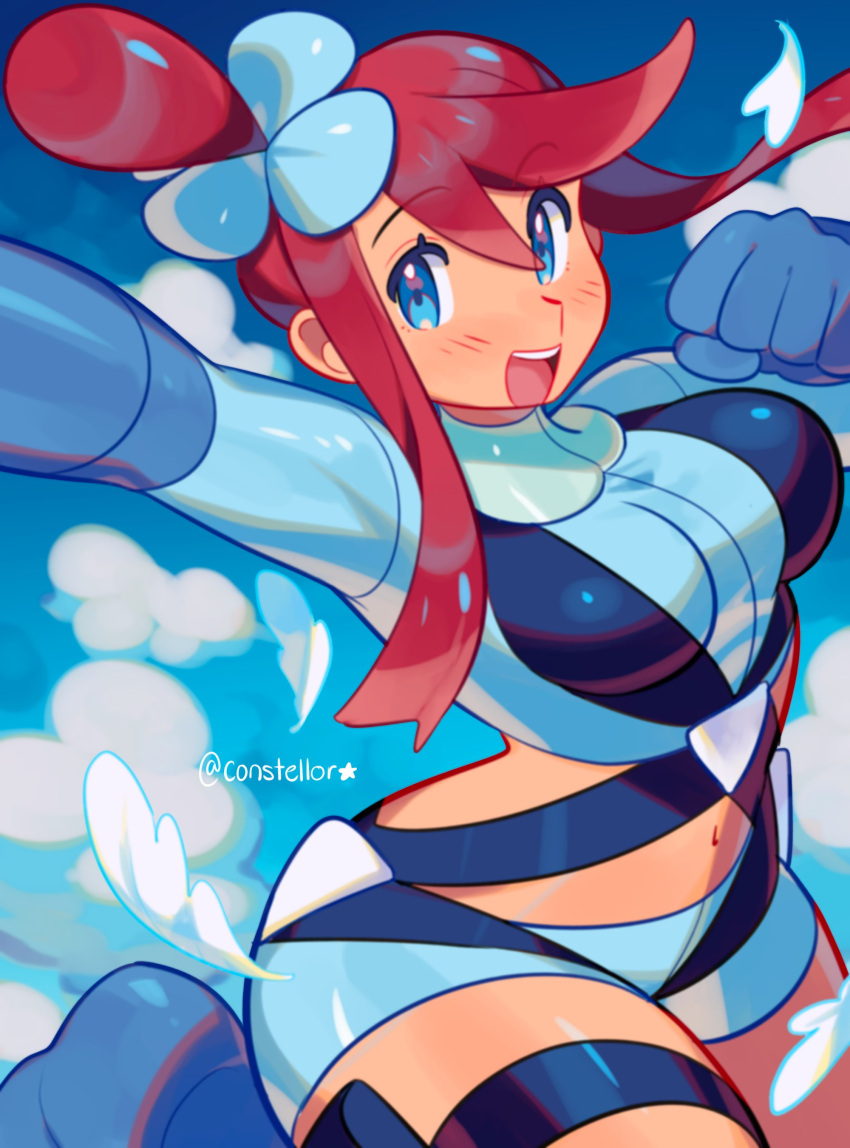 1girl, :d, absurdres, arm_up, blue_background, blue_eyes, blue_footwear, blue_gloves