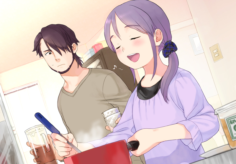 cooking, family, father_and_daughter, frying_pan, glass, higebu, inazuma_eleven, kitchen, kudou_fuyuka, kudou_michiya, long_hair, purple_hair, sweatdrop, violet_eyes