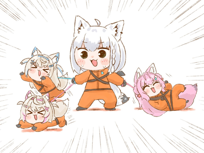 >_<, 4girls, :3, :d, ^_^, ahoge, animal_ear_fluff, animal_ears