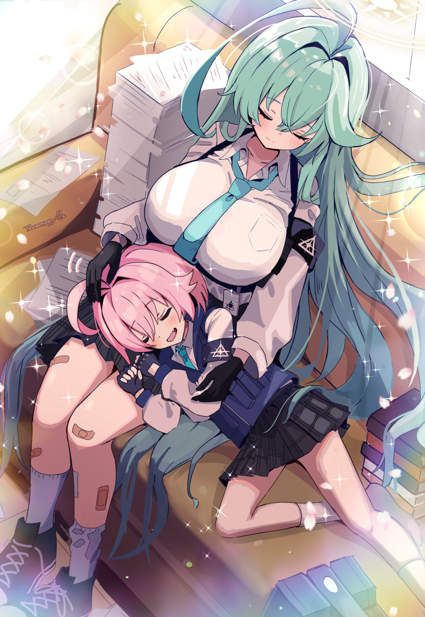 2girls, absurdres, ahoge, bandaid, black_footwear, black_gloves, black_skirt, black_vest, blue_archive, blue_necktie, blush, breasts, closed_eyes, closed_mouth, collared_shirt, fang, fingerless_gloves, flat_chest, gloves, green_hair, hair_between_eyes, highres, hoshino_(blue_archive), hoshino_(young)_(blue_archive), huge_ahoge, huge_breasts, long_hair, long_sleeves, multiple_girls, necktie, open_mouth, paper, pink_hair, pleated_skirt, shirt, shoes, short_hair, signature, skin_fang, skirt, sleeping, smile, socks, thomason366, vest, white_shirt, white_socks, yume_(blue_archive)