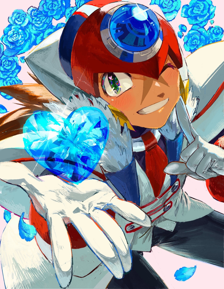 1boy, armor, axl_(mega_man), black_pants, blue_flower, blue_rose, blush, cairngorm999