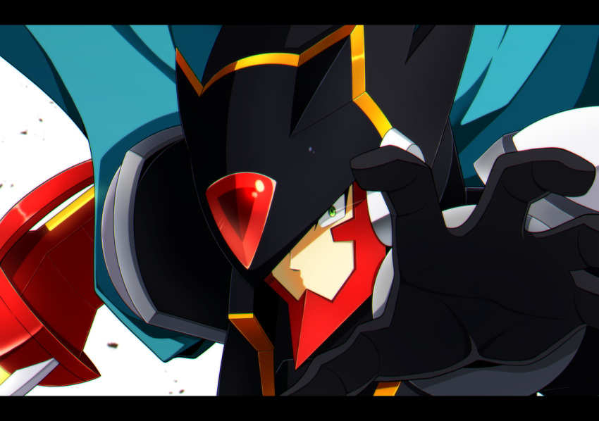 1boy, arm_blade, black_headwear, blue_cape, cape, close-up, colonel.exe_(mega_man), energy_sword