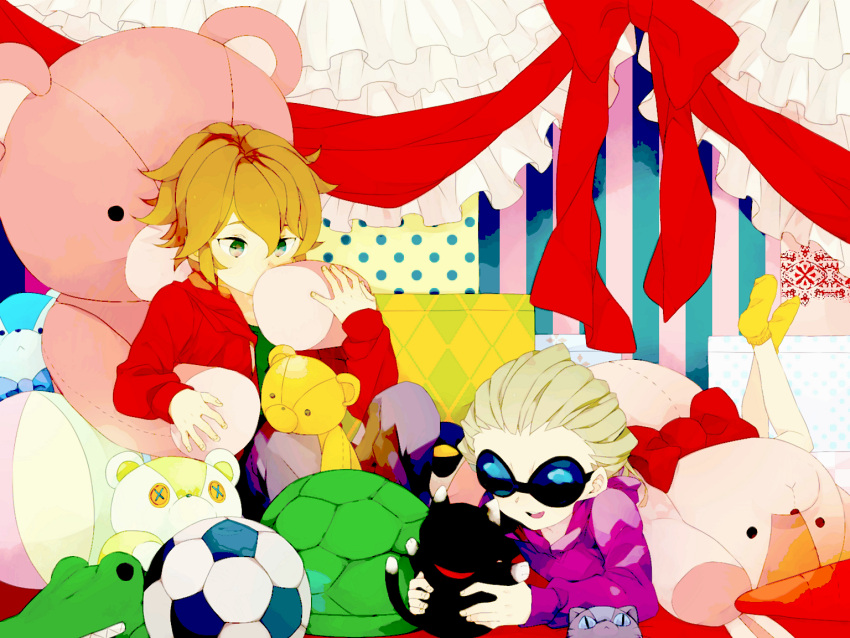 ball, blonde_hair, blue_eyes, dylan_keith, glasses, hagiwara_hatoba, hoodie, inazuma_eleven