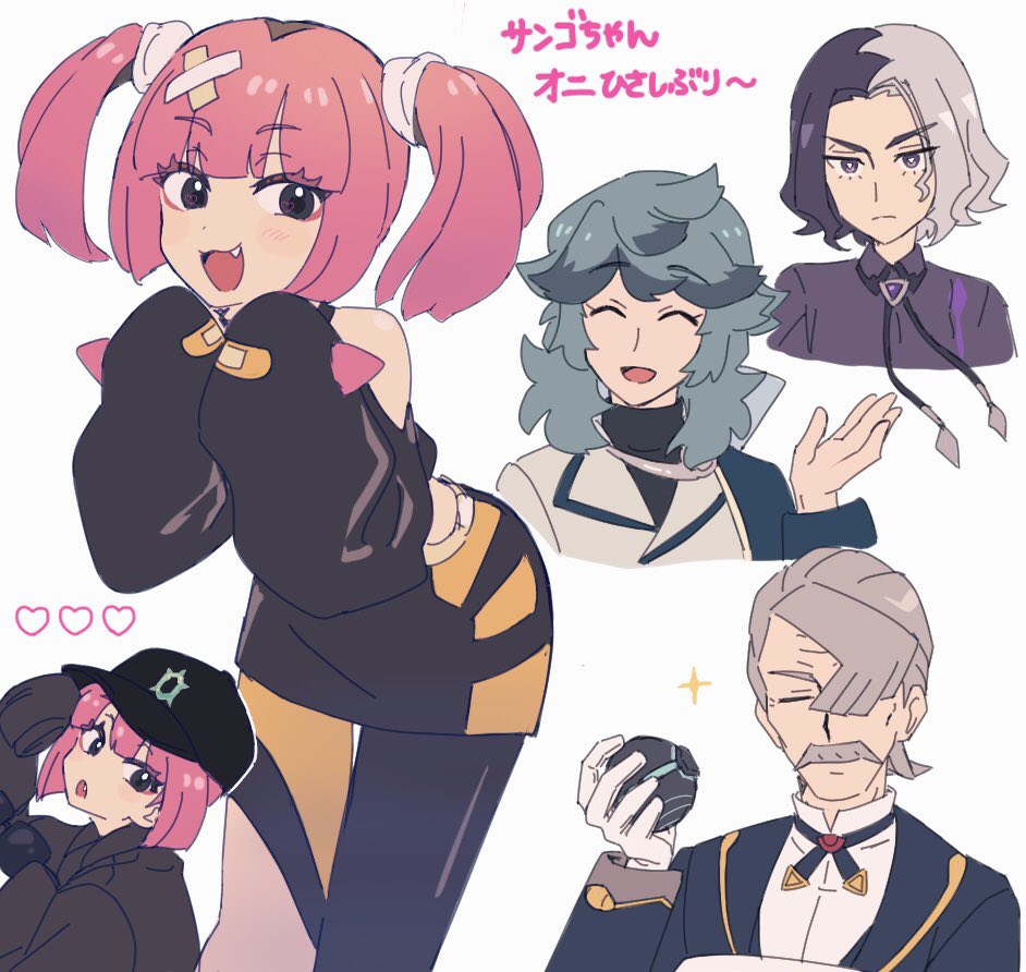 1girl, 3boys, :d, amethio_(pokemon), belt, black_eyes, black_shirt, blush
