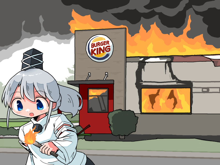 1girl, arson, burger_king, fast_food, fire, grey_hair, hat, kasuya_baian