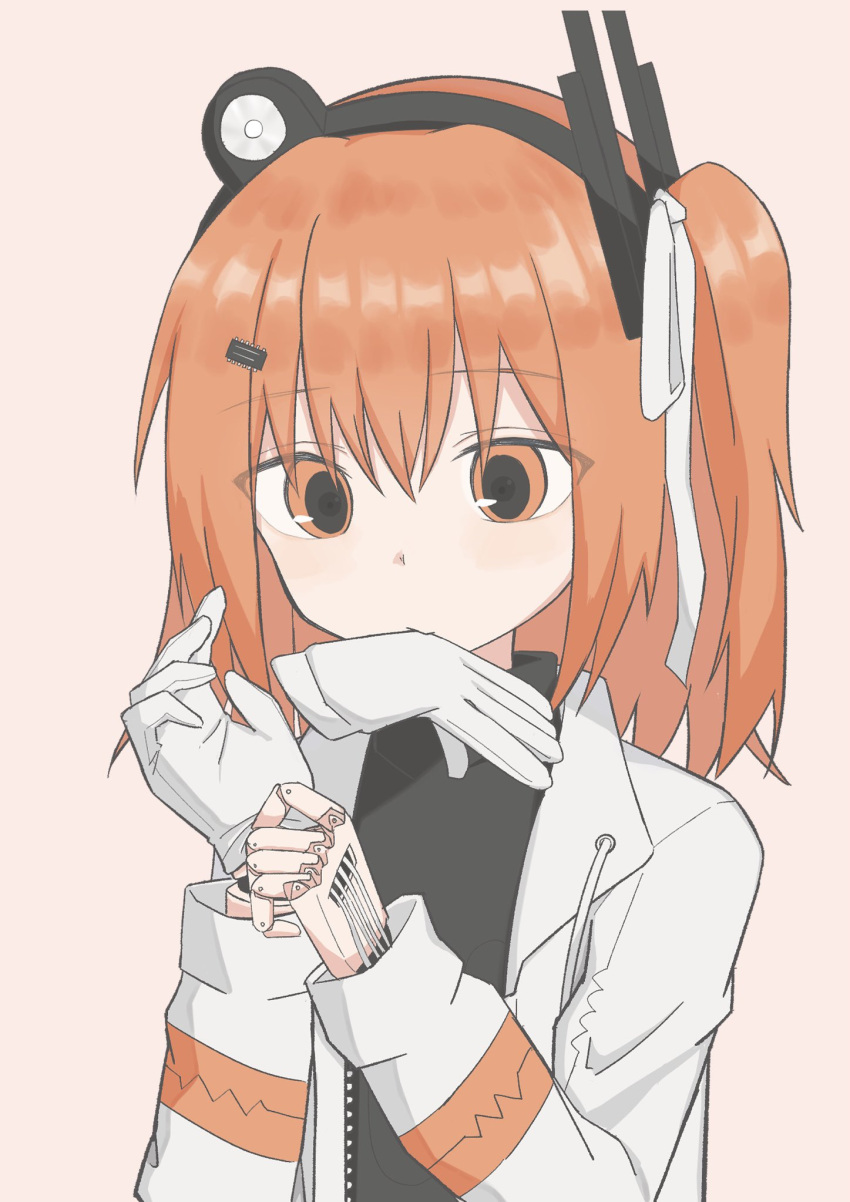 1girl, a.i._voice, adachi_rei, android, anmitsu_kina, black_shirt, commentary_request, computer_chip, drawstring, gloves, hair_ornament, hair_ribbon, headlamp, highres, jacket, joints, long_sleeves, medium_hair, mouth_hold, one_side_up, open_clothes, open_jacket, orange_eyes, orange_hair, putting_on_gloves, radio_antenna, ribbon, robot_joints, shirt, simple_background, solo, turtleneck, upper_body, utau, white_gloves, white_jacket, white_ribbon