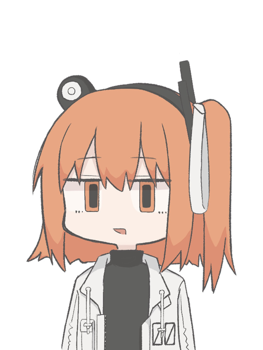 1girl, a.i._voice, adachi_rei, anmitsu_kina, black_shirt, chibi, chibi_only, commentary_request, drawstring, hair_ribbon, headlamp, highres, jacket, jitome, looking_at_viewer, medium_hair, one_side_up, open_clothes, open_jacket, open_mouth, orange_eyes, orange_hair, radio_antenna, rectangular_pupils, ribbon, shirt, simple_background, solo, turtleneck, upper_body, utau, white_background, white_jacket, white_ribbon