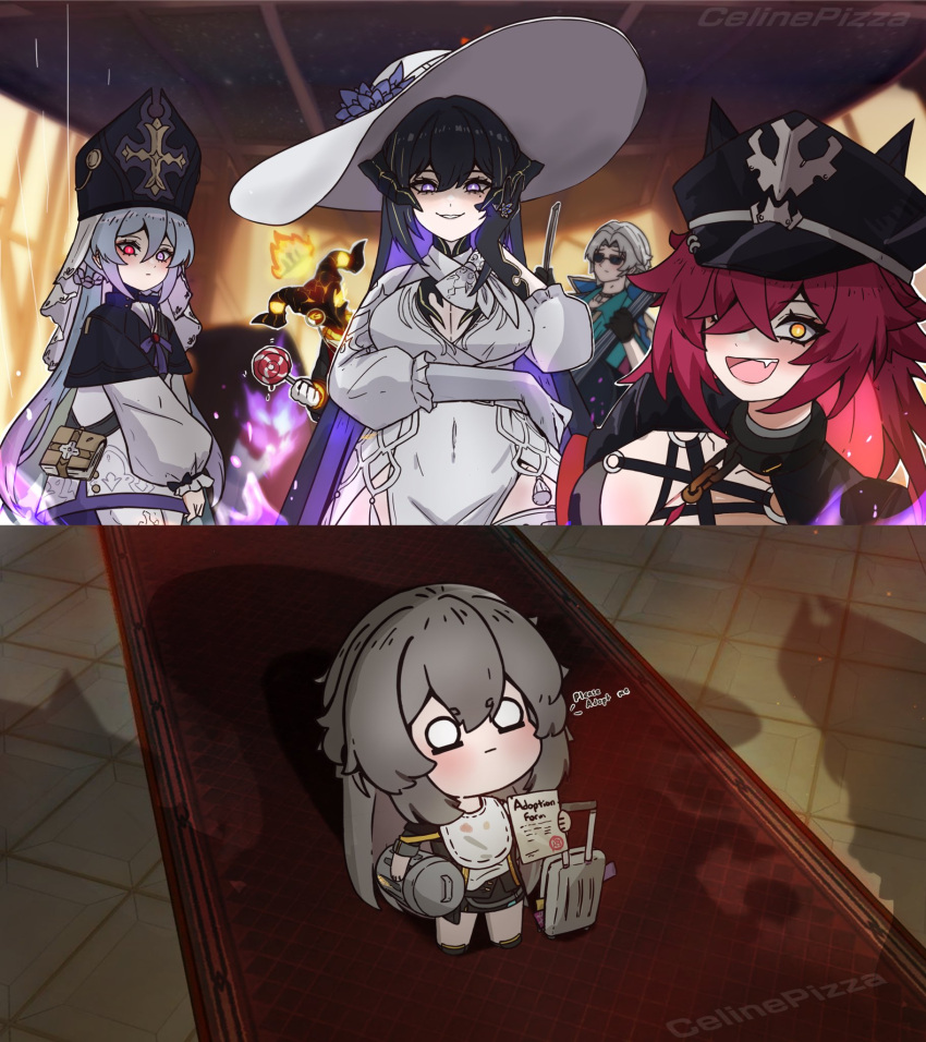 2boys, 4girls, :d, akash_(honkai:_star_rail), arm_under_breasts, bib, black_gloves, bow_(music), breasts, candy, caterina_(honkai:_star_rail), celinepizza, cello, chain_necklace, chibi, choker, cleavage_cutout, clothing_cutout, coat, commentary, constance_(honkai:_star_rail), demon_horns, dress, dubra_(honkai:_star_rail), duke_inferno_(honkai:_star_rail), fire, food, for_adoption, gloves, glowing, glowing_eyes, grey_hair, hair_between_eyes, hair_over_one_eye, hand_on_own_cheek, hand_on_own_face, hat, heterochromia, highres, holding, holding_candy, holding_food, holding_lollipop, holding_paper, honkai:_star_rail, honkai_(series), horns, instrument, jewelry, large_breasts, lollipop, long_hair, looking_up, military_hat, mitre, monocle, multiple_boys, multiple_girls, necklace, o_o, open_clothes, open_coat, paper, photo_background, red_eyes, ribbon_braid, shirt, smile, stelle_(honkai:_star_rail), sun_hat, sunglasses, symbol-shaped_pupils, trailblazer_(honkai:_star_rail), trash_can, violet_eyes, watermark, white_dress, white_gloves, white_hair, white_shirt, yellow_eyes