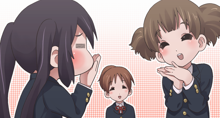 =_=, ^_^, black_hair, brown_hair, closed_eyes, hirasawa_ui, k-on!, landolt_tamaki, laughing, long_hair, multiple_girls, nakano_azusa, ponytail, school_uniform, short_hair, short_twintails, suzuki_jun, twintails, water_waterfall