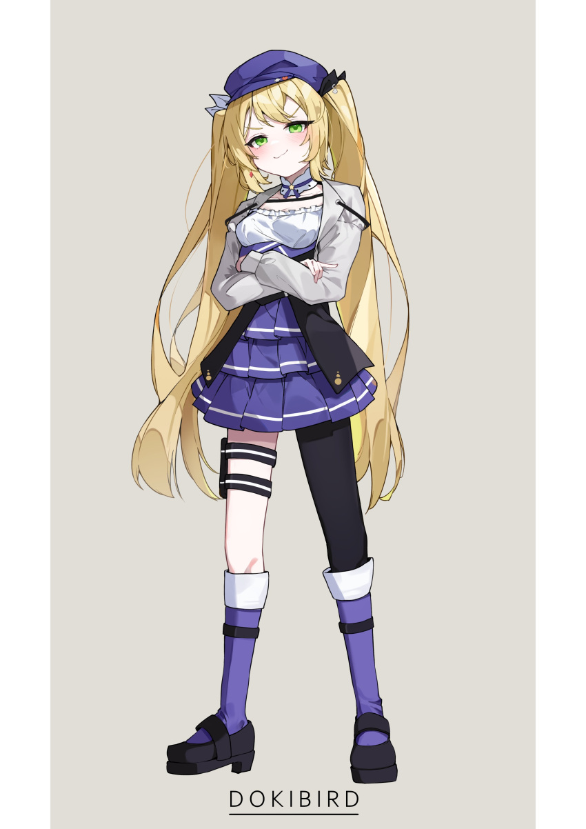 1girl, absurdres, blonde_hair, blue_headwear, blue_skirt, boots, breasts, brown_background, character_name, choker, closed_mouth, cropped_jacket, crossed_arms, dokibird_(vtuber), earrings, full_body, green_eyes, grey_jacket, hat, highres, holster, indie_virtual_youtuber, jacket, jewelry, knee_boots, long_hair, long_sleeves, mnemo_(mnemorikriyairo), open_clothes, open_jacket, single_earring, single_leg_pantyhose, skirt, small_breasts, smile, solo, standing, thigh_holster, twintails, very_long_hair, virtual_youtuber