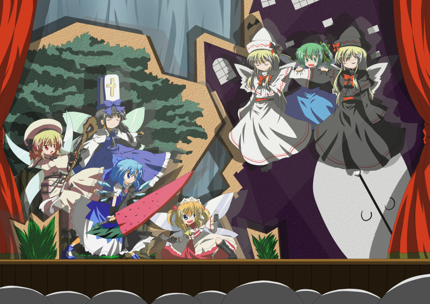 advent_cirno, black_hair, blonde_hair, blue_hair, brown_eyes, cirno, cross, daiyousei