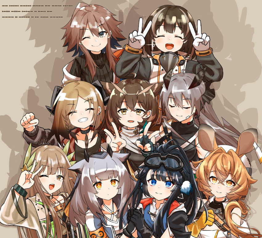 6+girls, arknights, astgenne_(arknights), bird_girl, closed_eyes, dorothy_(arknights), double_v, dragon_horns, feather_hair, fingerless_gloves, glasses, gloves, goggles, goggles_on_head, highres, horns, ifrit_(arknights), looking_at_viewer, magallan_(arknights), mayer_(arknights), monn_itsu, muelsyse_(arknights), multiple_girls, one_eye_closed, open_mouth, owl_ears, owl_girl, ptilopsis_(arknights), rhine_lab_(arknights), rhine_lab_logo, saria_(arknights), semi-rimless_eyewear, silence_(arknights), silence_the_paradigmatic_(arknights), smile, under-rim_eyewear, v