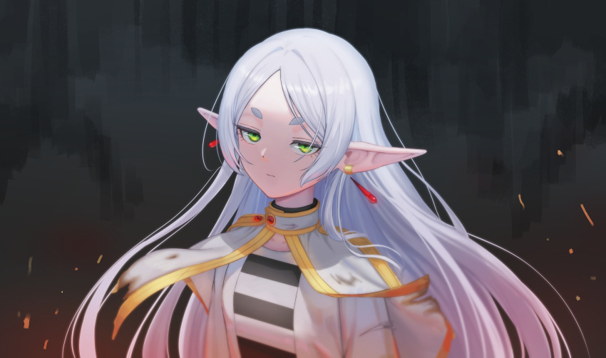 1girl, absurdres, cape, capelet, commentary, dress, earrings, elf