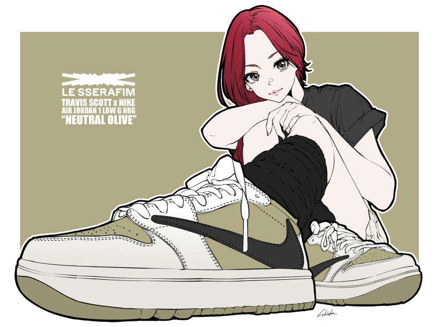 1girl, animification, bambi_surprise, black_shirt, black_socks, border, copyright_name, food_focus