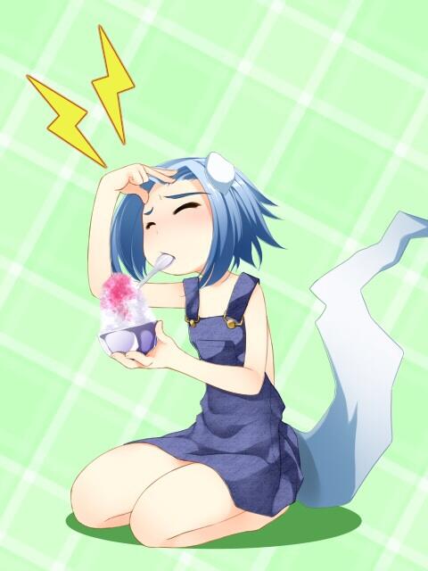 animal_ears, atelier-moo, bare_legs, bare_shoulders, blue_hair, blue_overalls, bowl, brain_freeze, chibi, dog_ears, dog_girl, dog_tail, eating, food, full_body, holding, holding_bowl, holding_food, ice_cream_cup, lasting_anthem, lily_(lasting_anthem), overalls, seiza, shaved_ice, short_hair, sitting, solo, spoon, tail