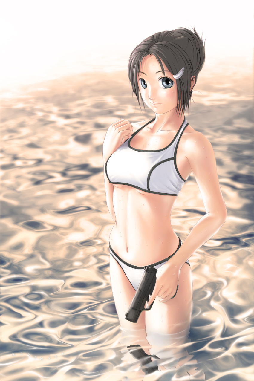 black_hair, blue_eyes, breasts, gun, hair_ornament, handgun, highres, kirin404