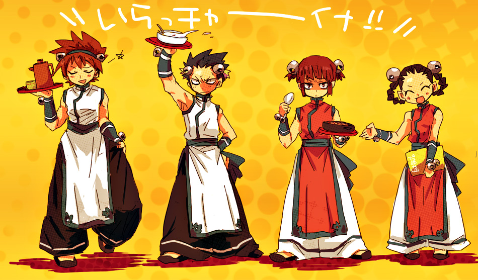 1girl, 3boys, alfred_(fatal_fury), alternate_color, alternate_costume, alternate_hairstyle, bell, black_hair