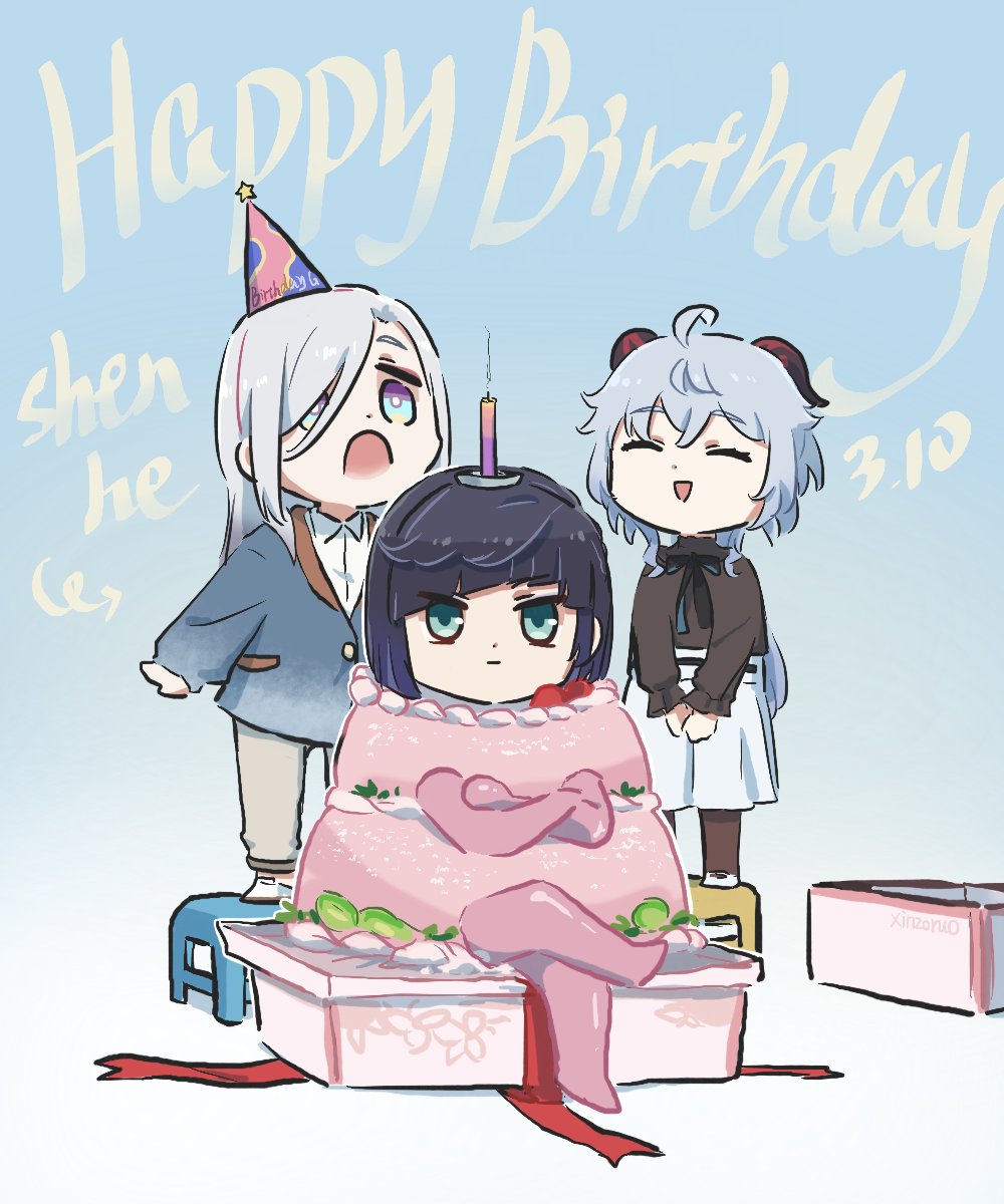 3girls, :|, ^_^, alternate_costume, black_hair, blue_hair, cake_costume, candle