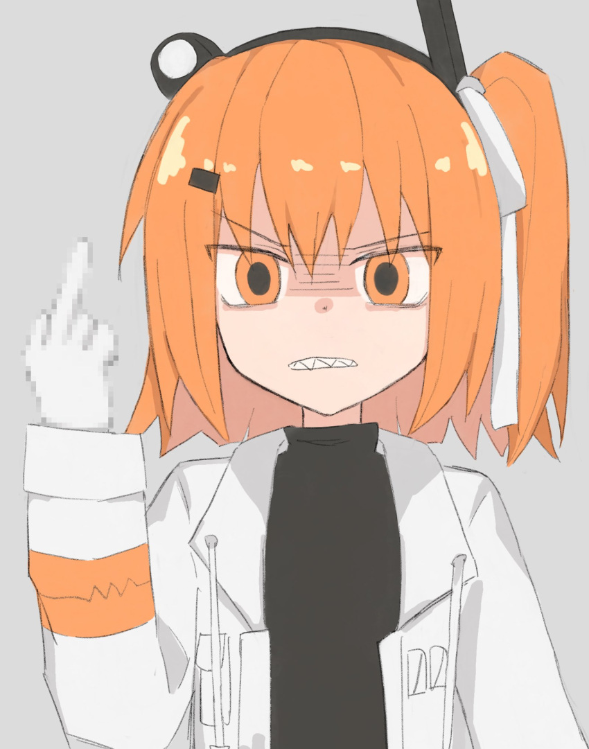 1girl, a.i._voice, adachi_rei, angry, anmitsu_kina, black_shirt, censored, censored_gesture
