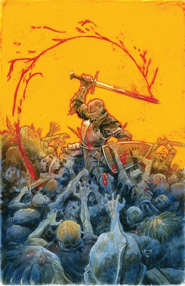 1boy, armor, belt, blood, commentary, dark_souls_(series), darkcountessa, english_commentary, fighting, full_armor, helm, helmet, holding, holding_shield, holding_sword, holding_weapon, knight, multiple_others, shield, shiled, simple_background, solo_focus, sword, weapon, yellow_background