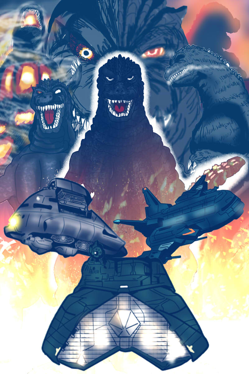 bioluminescence, burning_godzilla, character_request, claws, clouds, fangs, fire, floating