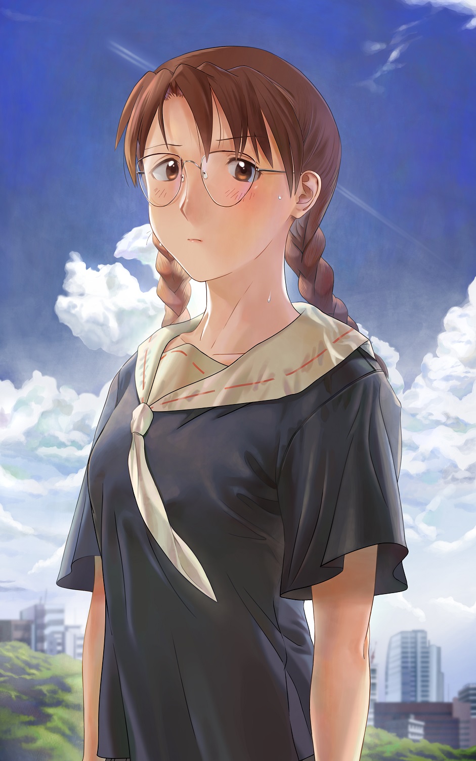 1girl, aged_down, alternate_costume, alternate_hairstyle, arms_at_sides, azumanga_daioh, black_serafuku, black_shirt