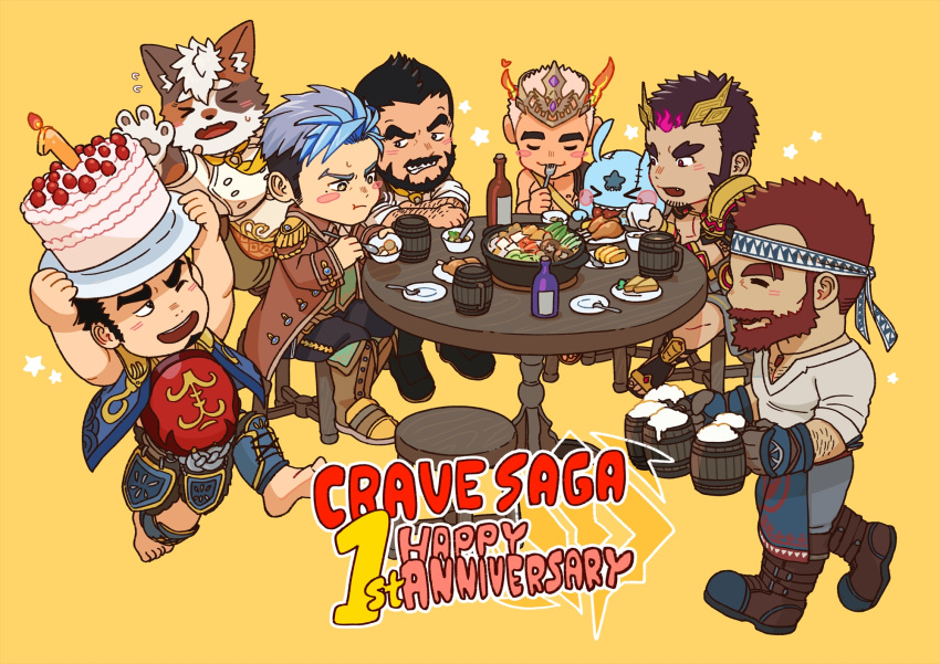 6+boys, adamus_(crave_saga), animal_ears, animal_hands, anniversary, arm_hair, armor, ascot, ash_(crave_saga), bandaid, bandaid_on_face, barefoot, beard, beer_mug, black_hair, blue_hair, blush, buttons, cake, cat_boy, cat_ears, cat_paws, chibi, closed_eyes, crave_saga, crown, cup, double-breasted, eating, english_text, epaulettes, eyebrow_cut, facial_hair, fang, food, forked_eyebrows, goatee, gorou_naoki, guy_(crave_saga), headband, highres, holding, holding_cup, holding_food, hotpot, japanese_armor, jewelry, kerykeion_(crave_saga), kinta_(crave_saga), long_sideburns, mageiro_(crave_saga), mug, multicolored_hair, multiple_boys, mustache, necklace, one_eye_closed, open_mouth, patrossi_(crave_saga), purple_hair, short_hair, sideburns, sleeves_rolled_up, smile, star_(symbol), streaked_hair, thick_eyebrows, white_hair, yellow_background