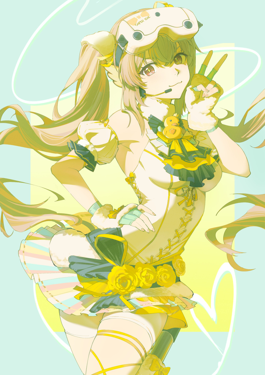 1girl, :3, abstract_background, absurdres, aqua_gloves, breasts, brown_eyes, cowboy_shot