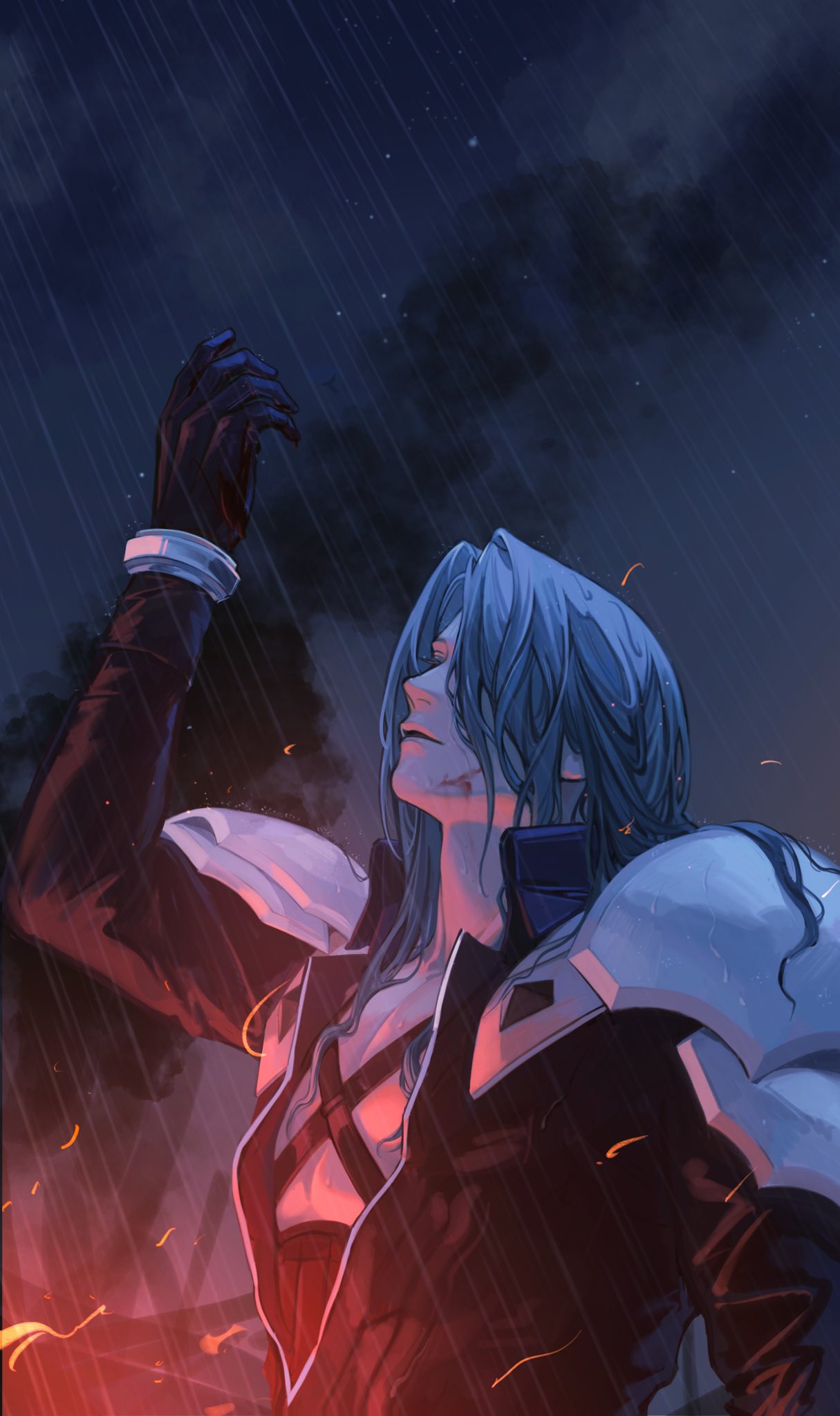 1boy, armor, bangle, black_coat, black_gloves, blood, blood_on_face, bracelet