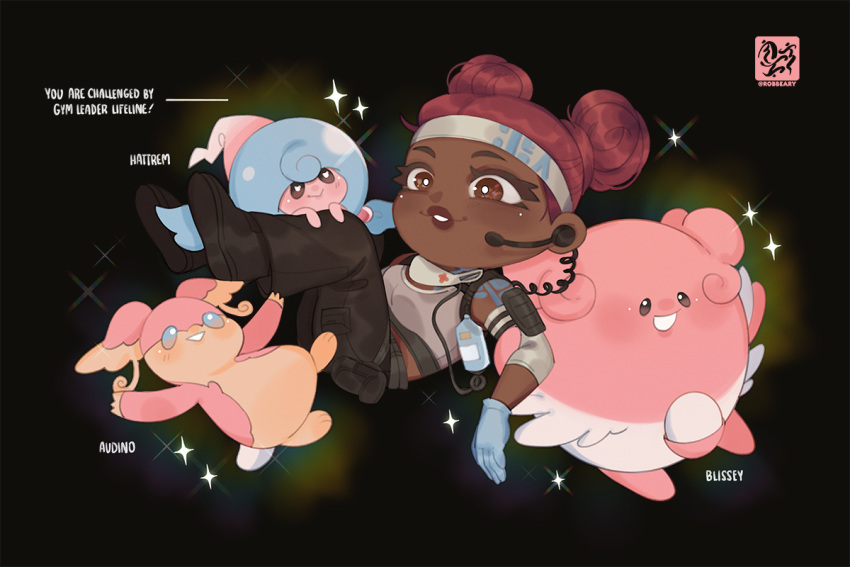 1girl, animification, apex_legends, audino, black_background, black_eyes, black_footwear, black_pants