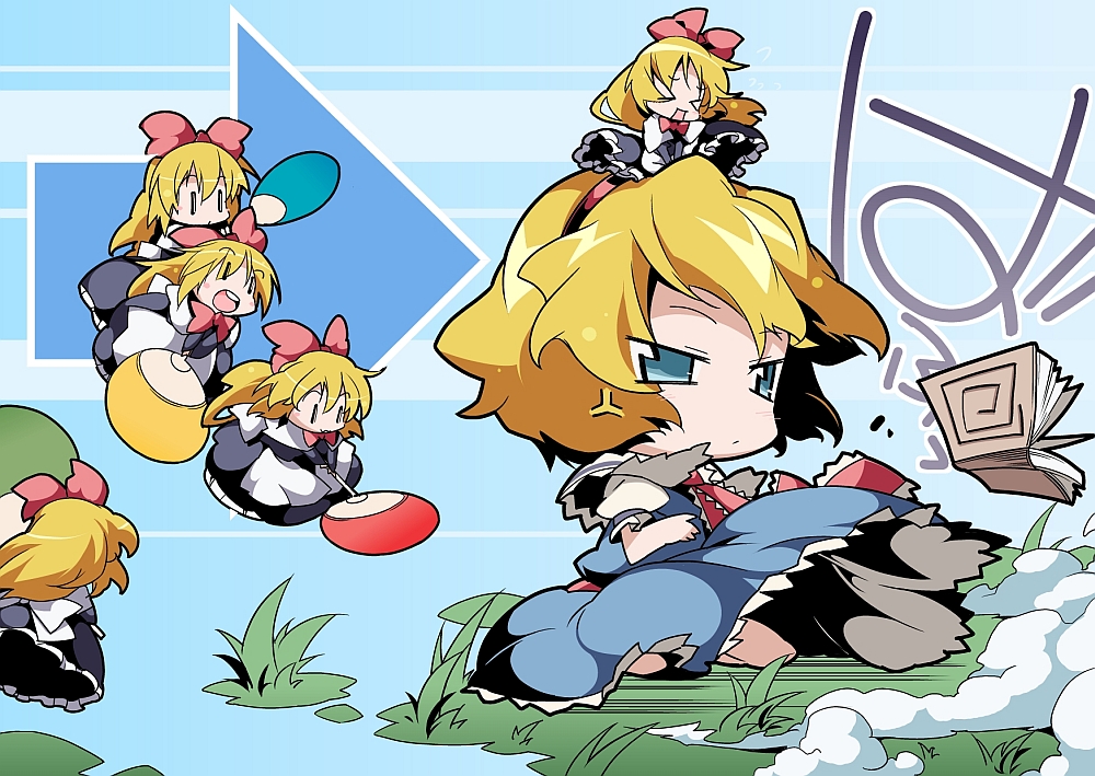 alice_margatroid, angry, blonde_hair, blue_eyes, capelet, chibi, doll, fan